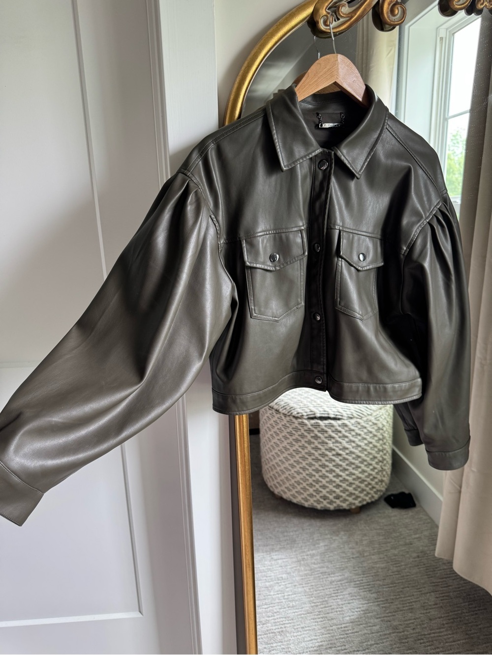 Elie Tahari Olive Green Cropped Leather Jacket with Puff Sleeves